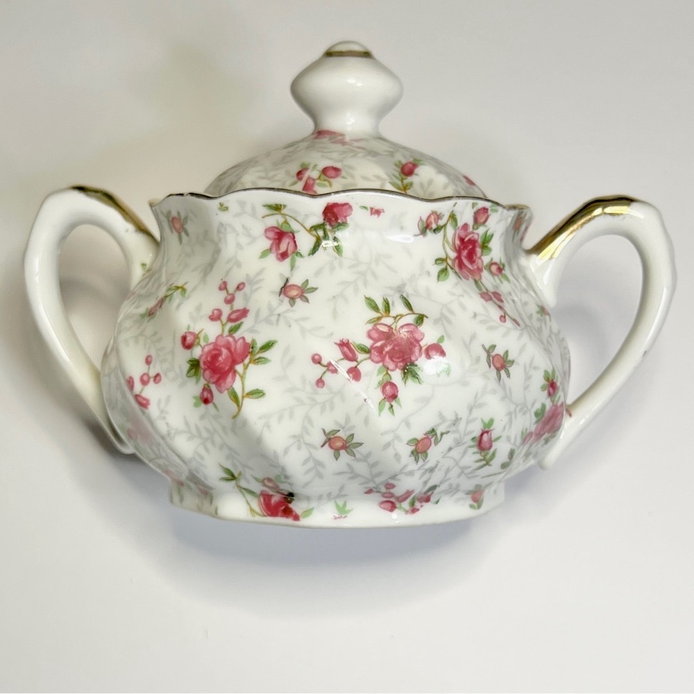 Vintage Porcelain Demitasse Sugar Bowl With Pink Flowers Inarco Japan